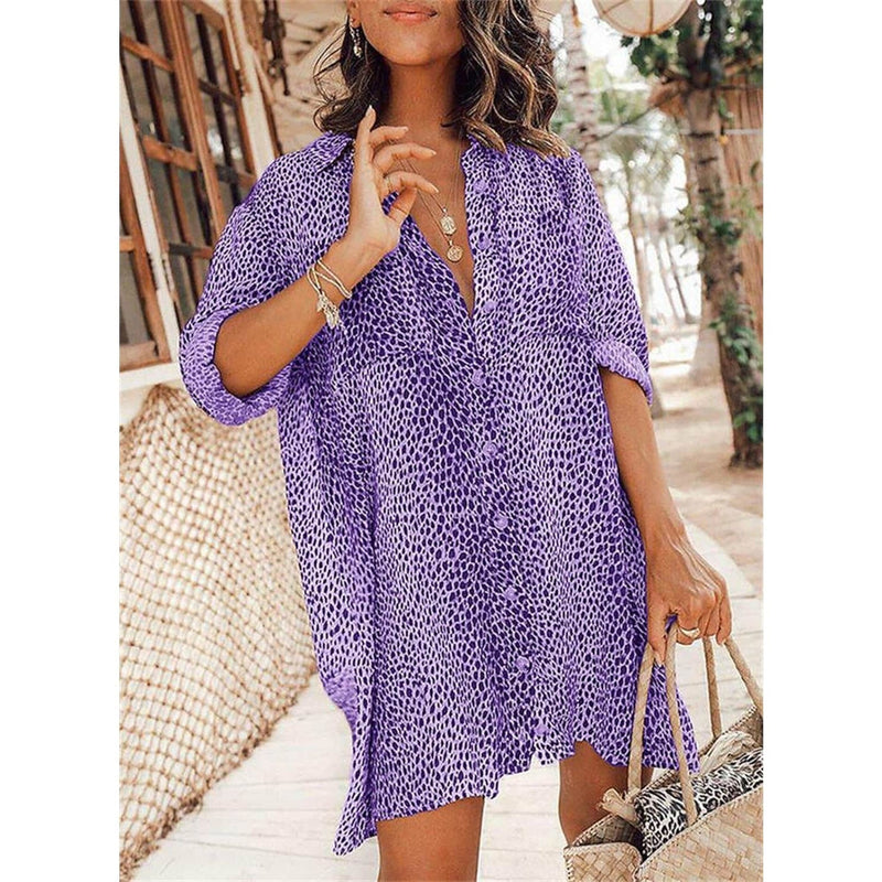 Women's Casual Leopard Print Shirt Dress Women's Dresses Purple S - DailySale