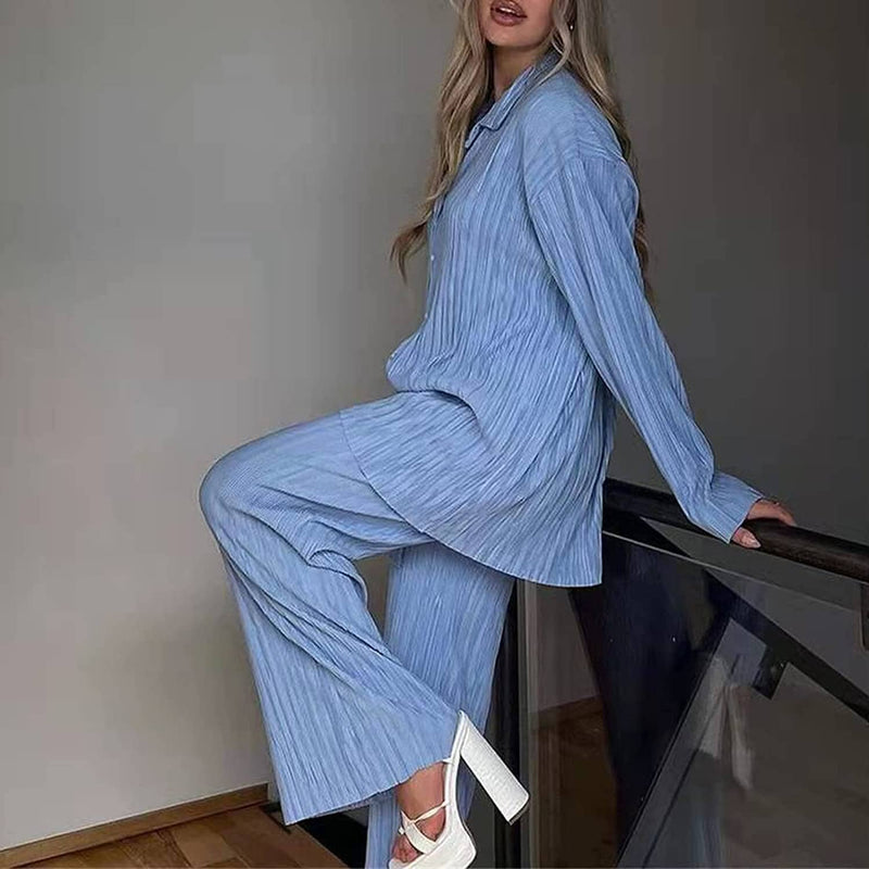 Women's Casual Long Sleeve Button Blouse Top Wide Leg Loose Streetwear Loungewear