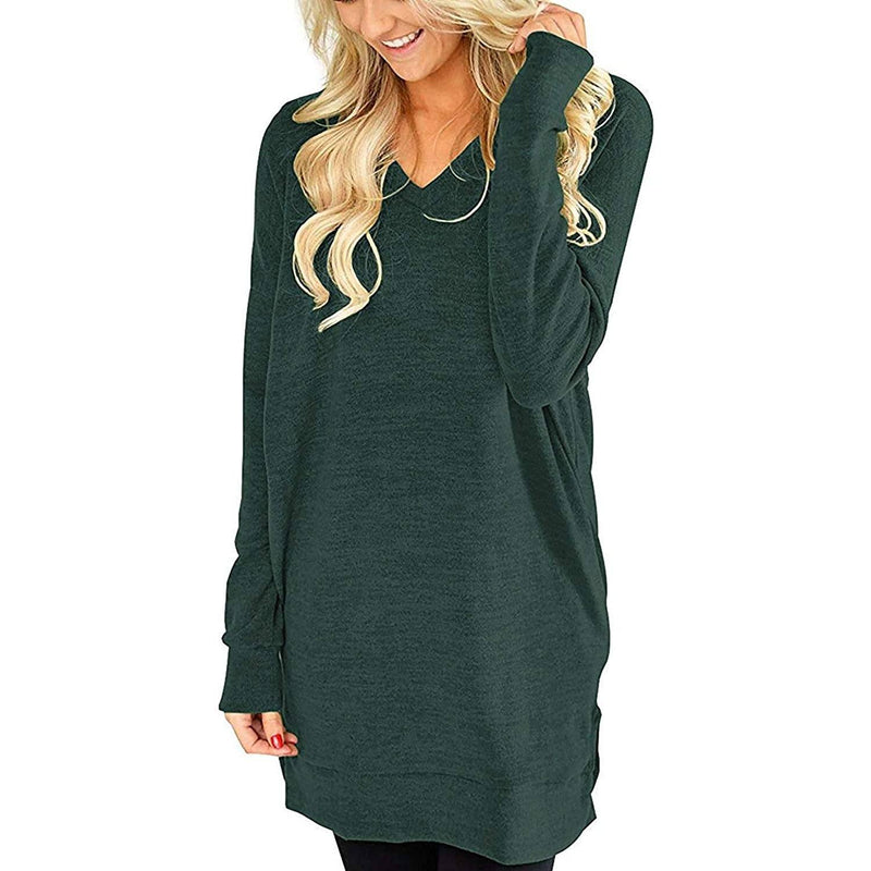 Womens Casual Long Sleeves Solid V-Neck Tunics Shirt Tops with Pockets
