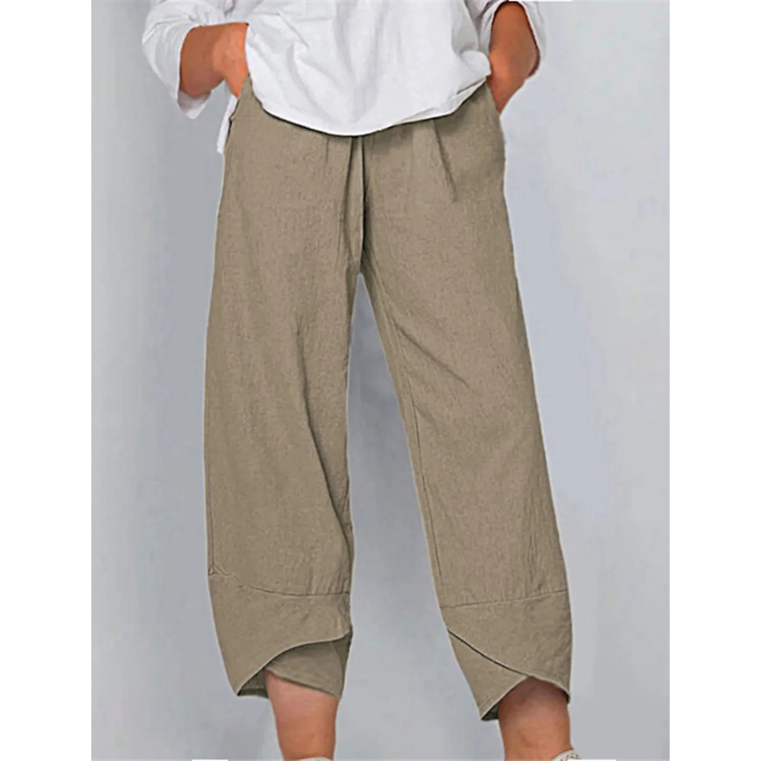Plus Size Ladies Cotton Linen Casual Long Pants Womens Solid Cropped  Trousers US | eBay