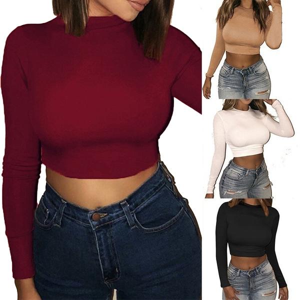 Women's Casual Round Neck Bottoming Long Sleeve Crop Top Women's Tops - DailySale