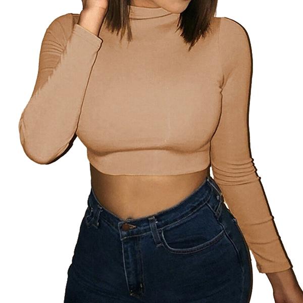 Women's Casual Round Neck Bottoming Long Sleeve Crop Top Women's Tops Khaki S - DailySale