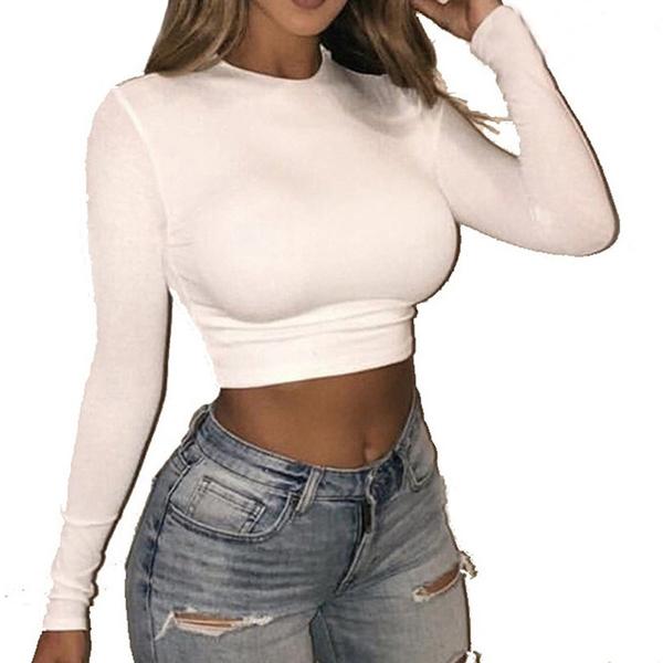 Women's Casual Round Neck Bottoming Long Sleeve Crop Top Women's Tops White S - DailySale