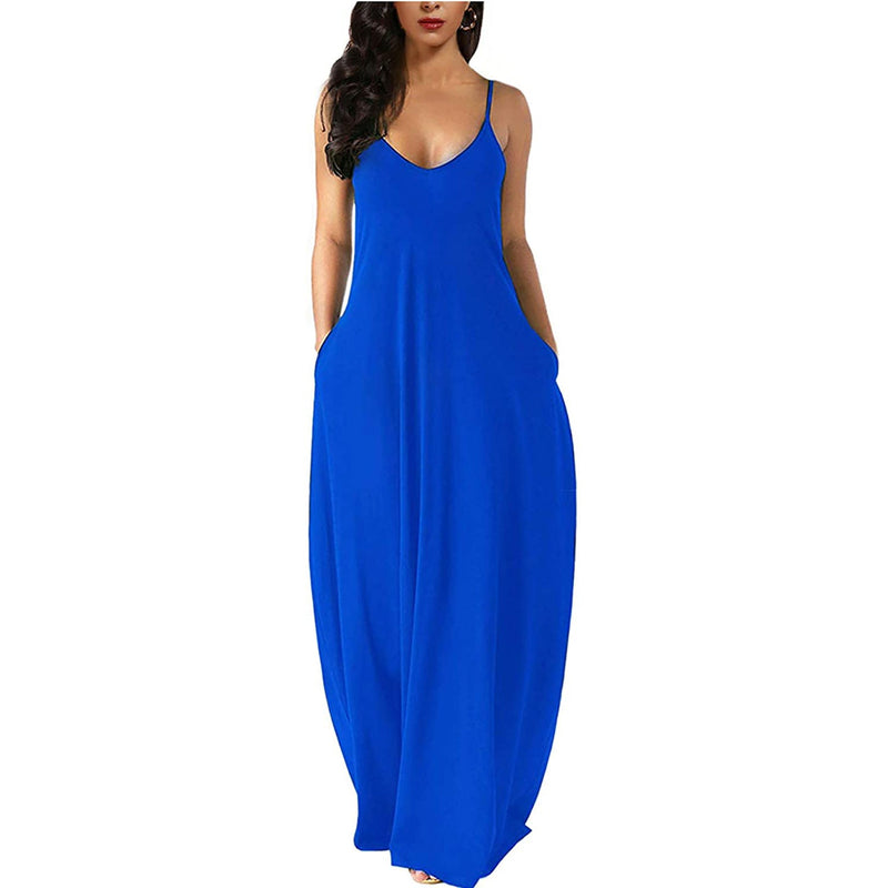 Womens Casual Sleeveless Plus Size Loose Plain Long Maxi Dress with Pockets Women's Dresses Blue S - DailySale