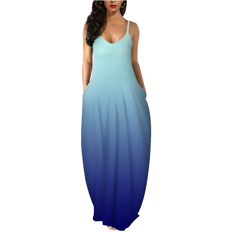 Womens Casual Sleeveless Plus Size Loose Plain Long Maxi Dress with Pockets Women's Dresses Gradient Blue S - DailySale