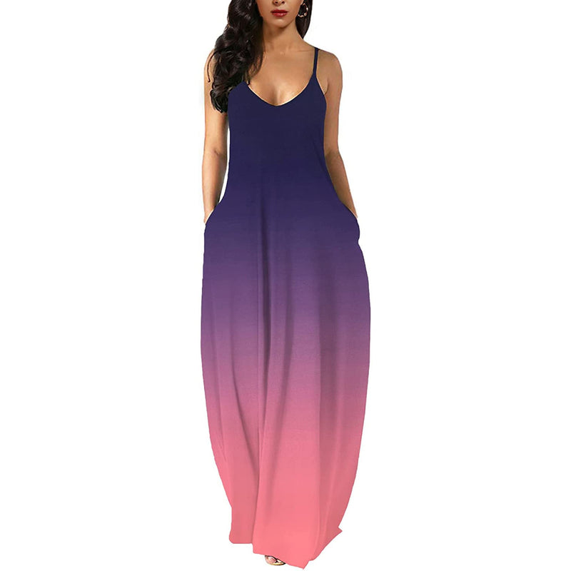Womens Casual Sleeveless Plus Size Loose Plain Long Maxi Dress with Pockets Women's Dresses Gradient Pink Purple S - DailySale