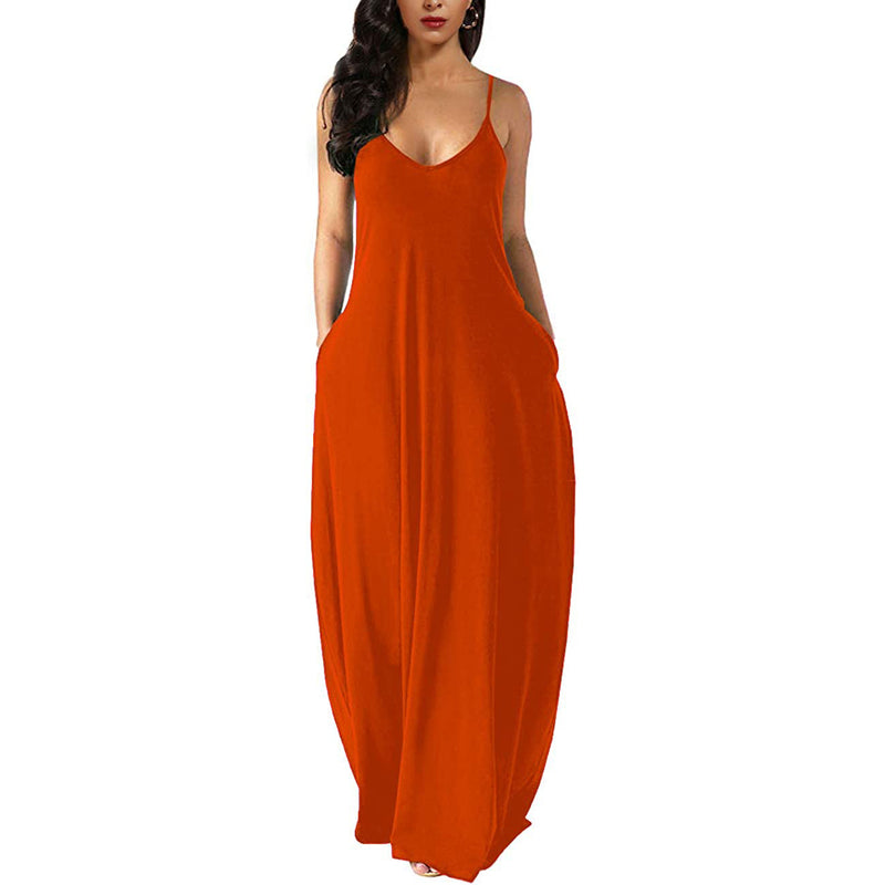 Womens Casual Sleeveless Plus Size Loose Plain Long Maxi Dress with Pockets Women's Dresses Orange S - DailySale