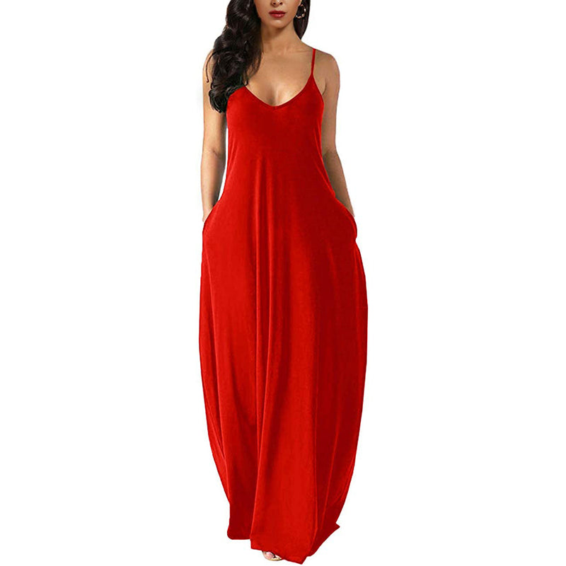Womens Casual Sleeveless Plus Size Loose Plain Long Maxi Dress with Pockets Women's Dresses Red S - DailySale