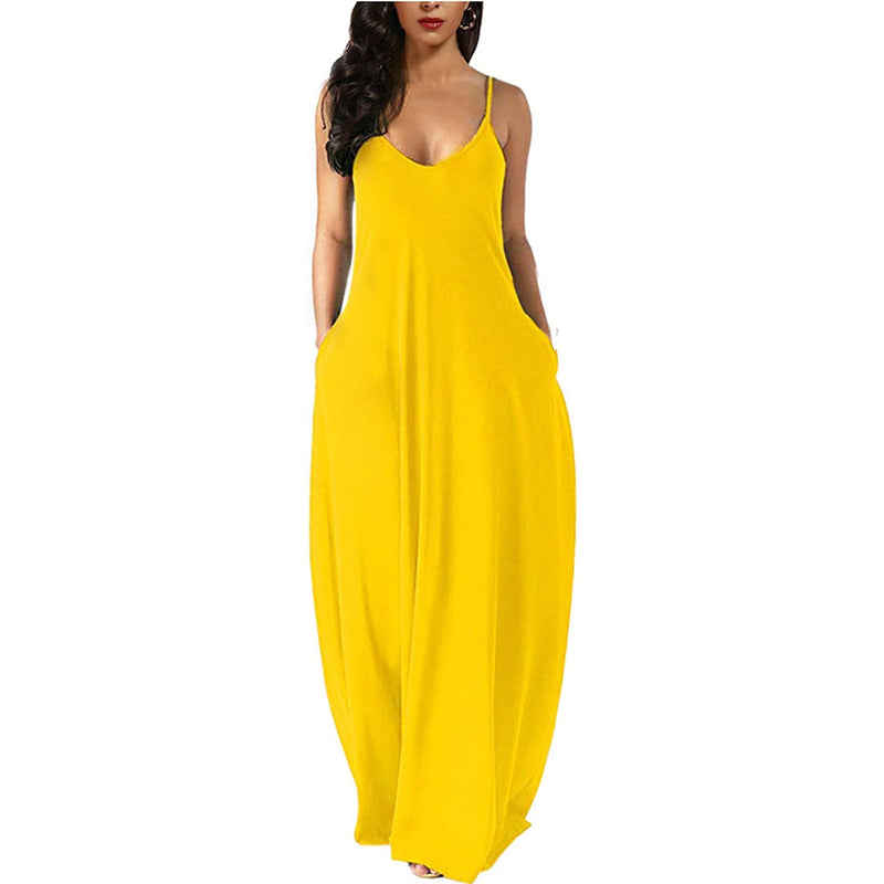 Womens Casual Sleeveless Plus Size Loose Plain Long Maxi Dress with Pockets Women's Dresses Yellow S - DailySale
