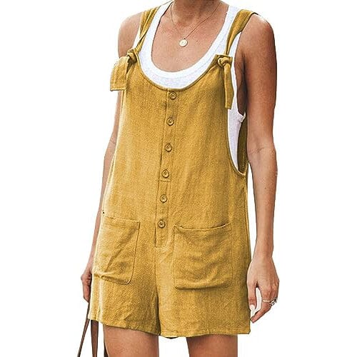 Women's Casual Summer Cotton Linen Rompers Overalls Jumpsuit Shorts Women's Tops Yellow S - DailySale