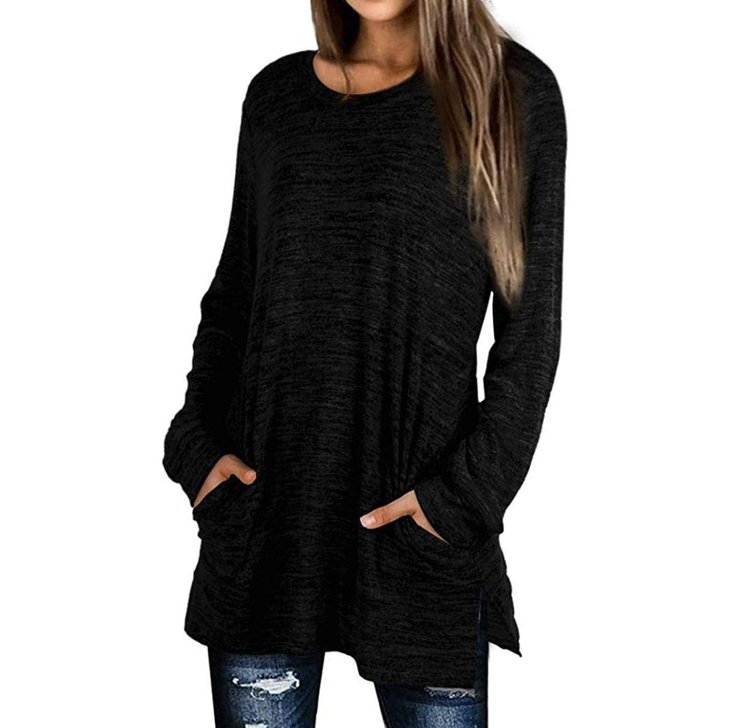 Woman with both her hands in her pockets wearing a Women's Sleeve Oversized Casual Sweatshirts in black