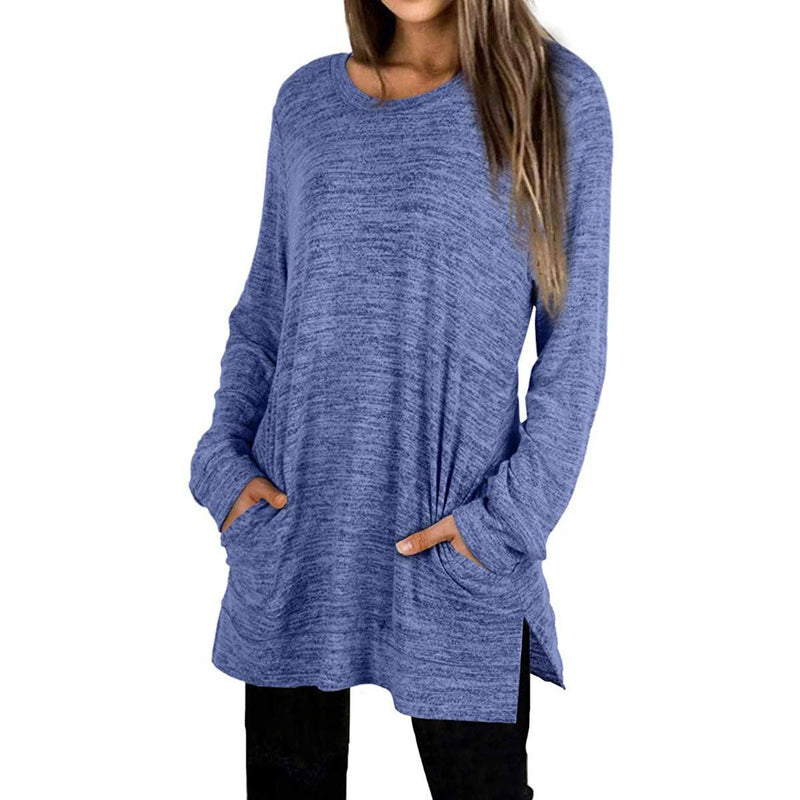 Woman with both her hands in her pockets wearing a Women's Sleeve Oversized Casual Sweatshirts in blue