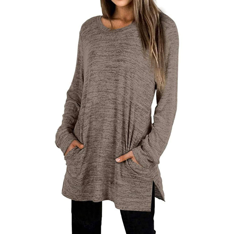 Woman with both her hands in her pockets wearing a Women's Sleeve Oversized Casual Sweatshirts in coffee