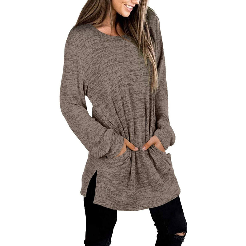 3/4 front view of a smiling woman with her hands in her pockets wearing a Women's Sleeve Oversized Casual Sweatshirts in coffee