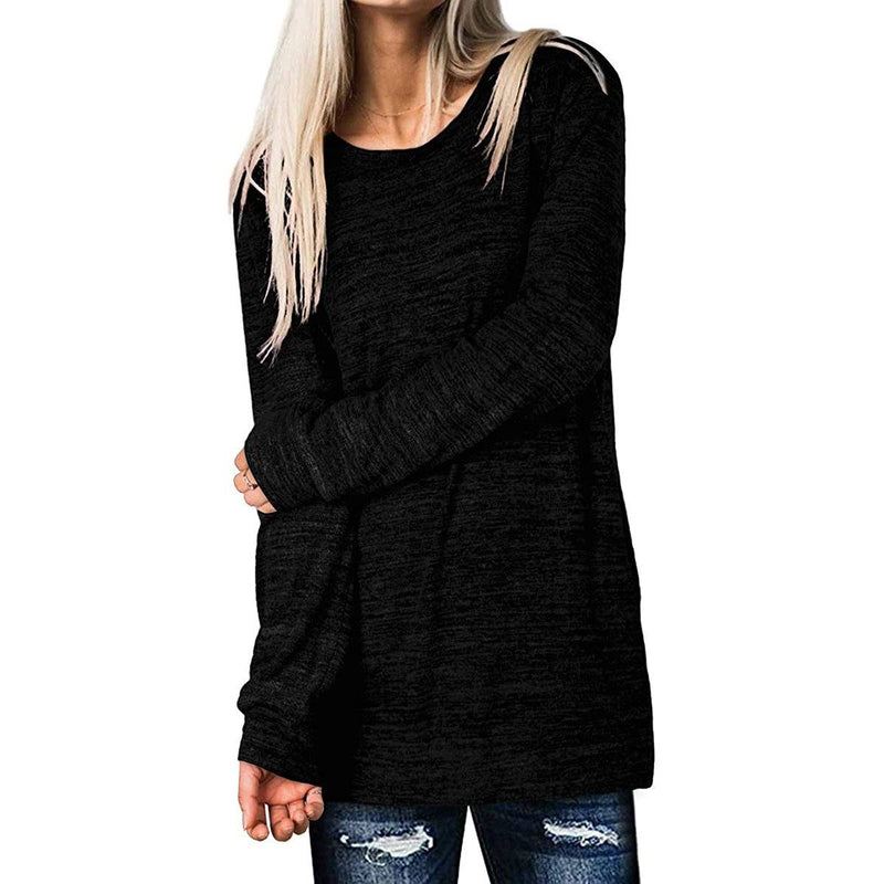 Woman holding one arm with her other hand wearing a Women's Sleeve Oversized Casual Sweatshirts in black