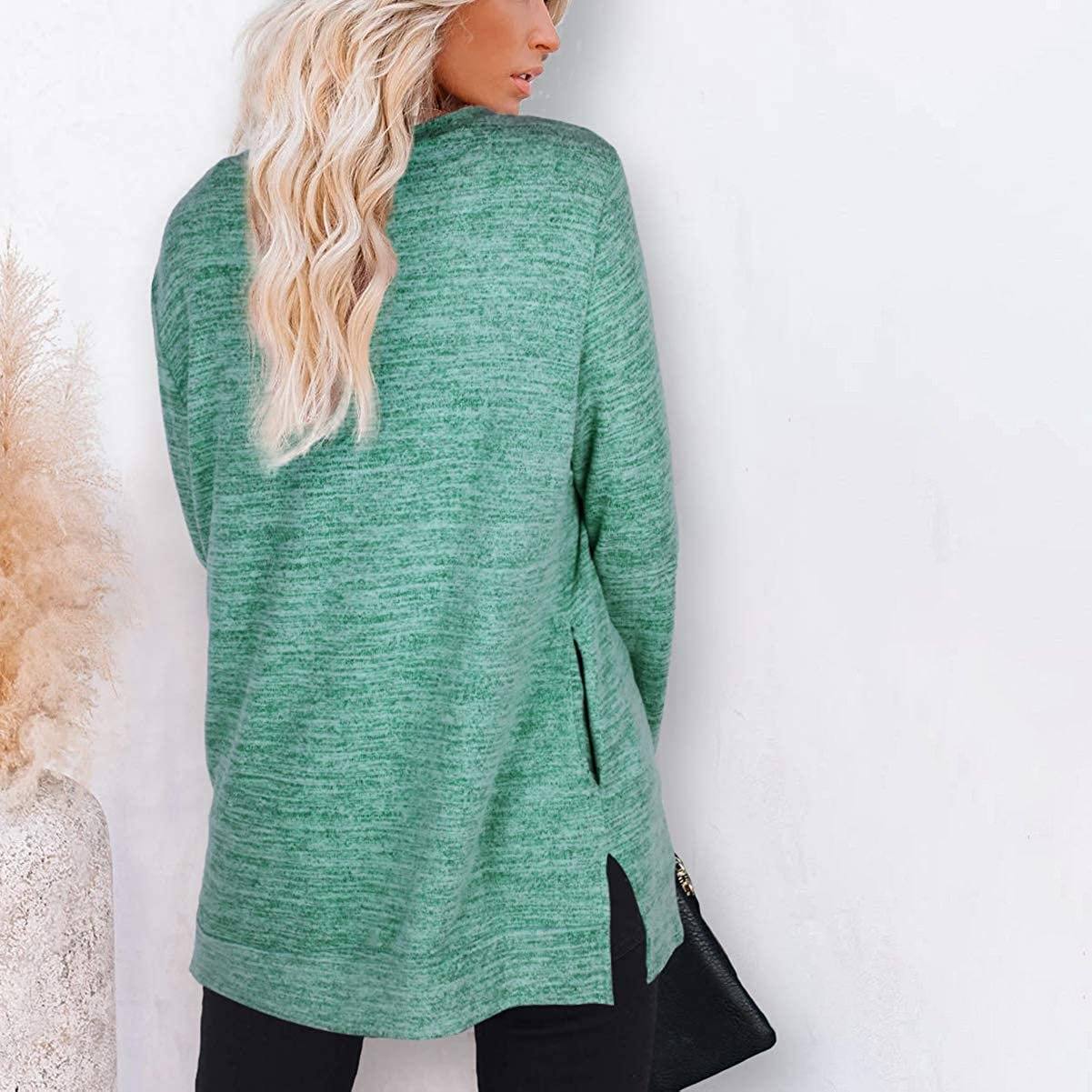 Backside of a woman wearing a Women's Sleeve Oversized Casual Sweatshirts in green