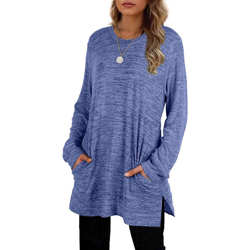 Different woman with both her hands in her pockets wearing a Women's Sleeve Oversized Casual Sweatshirts in blue