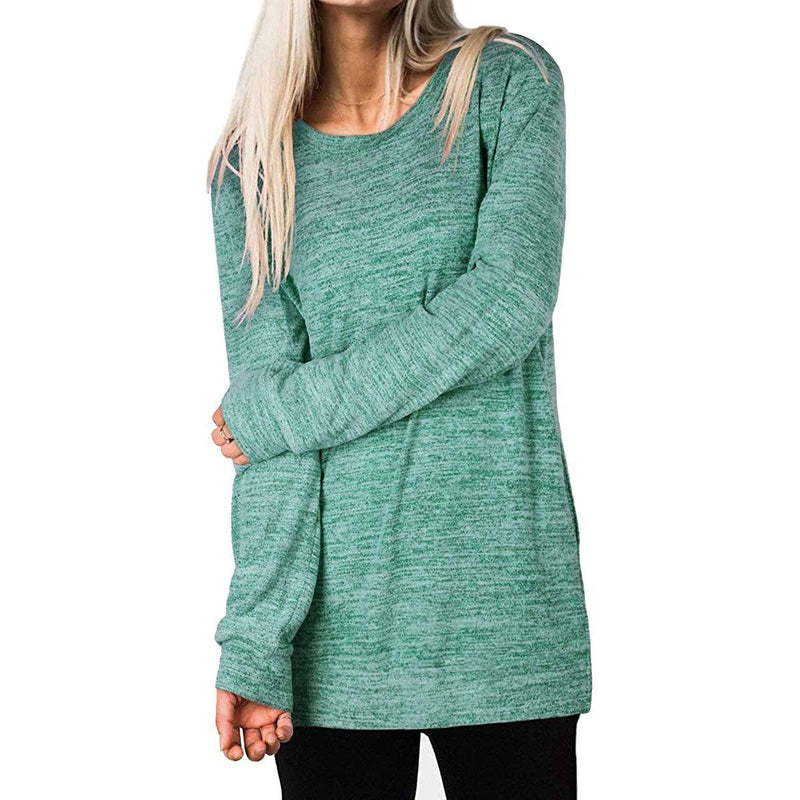 Woman holding one arm with her other hand wearing a Women's Sleeve Oversized Casual Sweatshirts in green