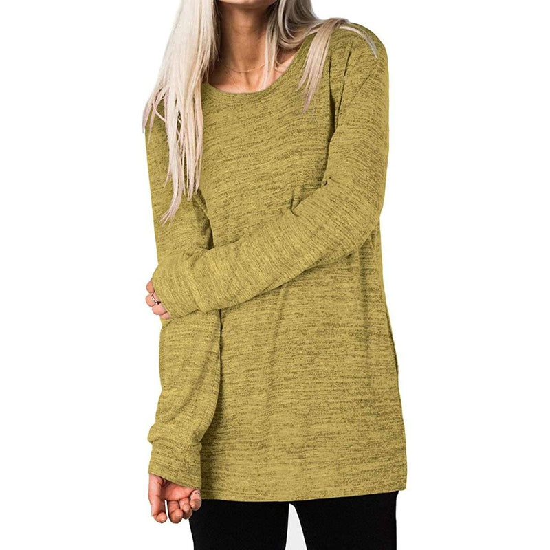 Woman holding one arm with her other hand wearing a Women's Sleeve Oversized Casual Sweatshirts in yellow