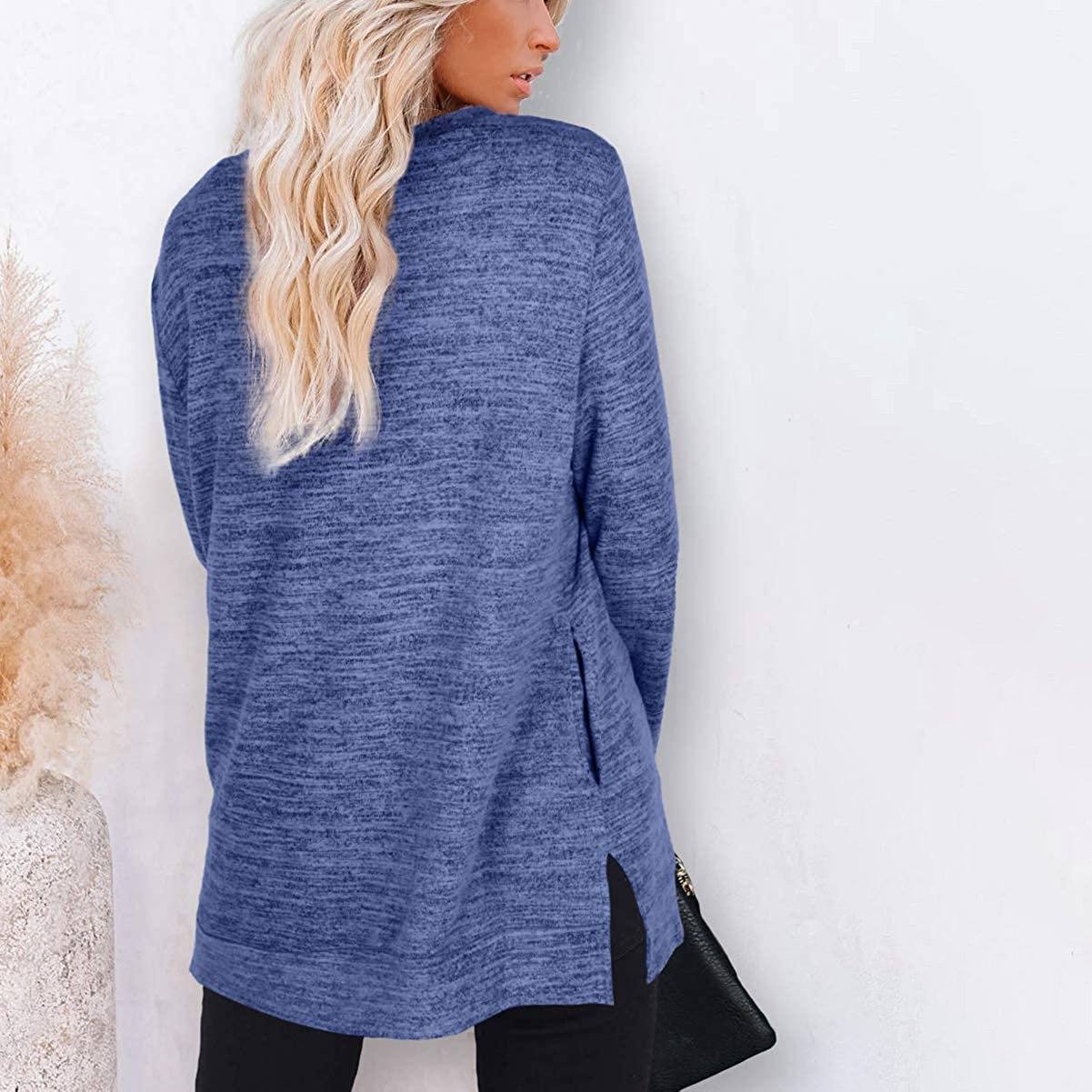 Backside of a woman wearing a Women's Sleeve Oversized Casual Sweatshirts in blue