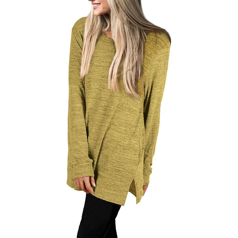 Lateral view of a woman with her hands on her side wearing a Women's Sleeve Oversized Casual Sweatshirts in yellow