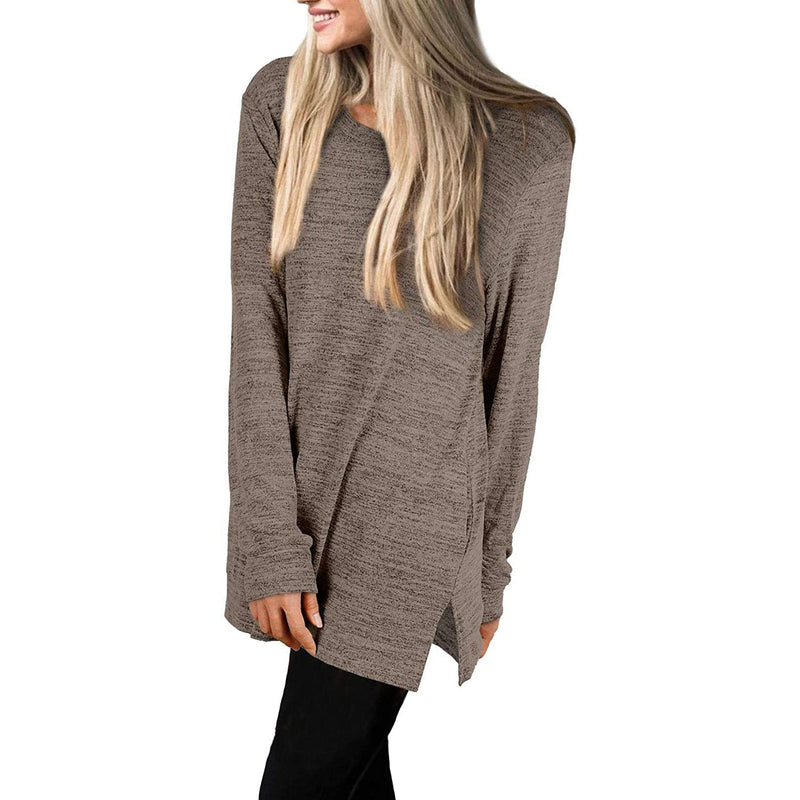 Lateral view of a woman with her hands on her side wearing a Women's Sleeve Oversized Casual Sweatshirts in coffee