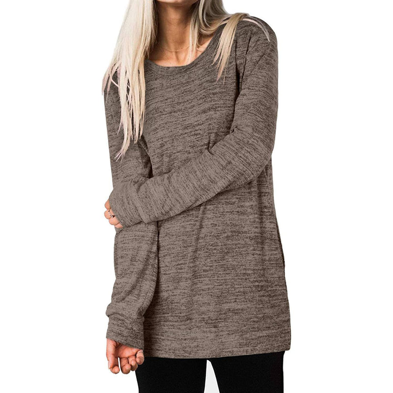 Woman holding one arm with her other hand wearing a Women's Sleeve Oversized Casual Sweatshirts in coffee
