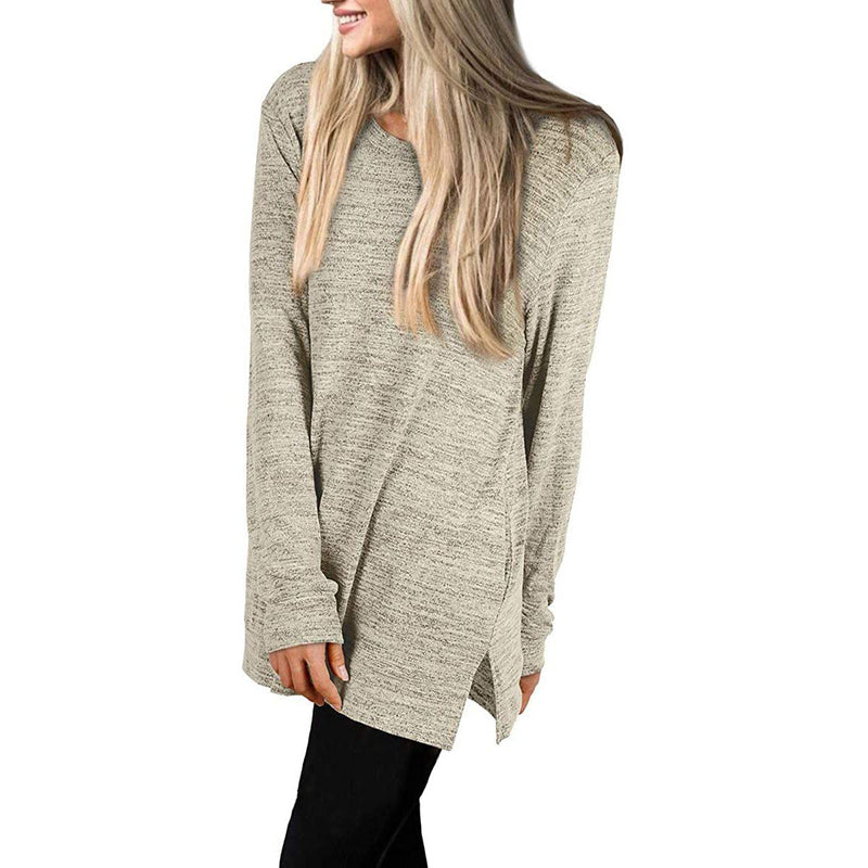 Lateral view of a woman with her hands on her side wearing a Women's Sleeve Oversized Casual Sweatshirts in khaki