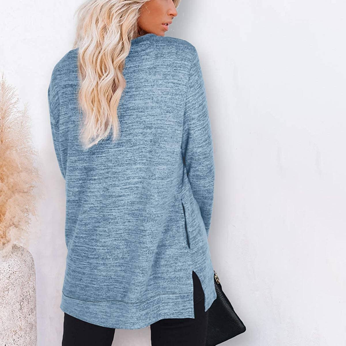 Backside of a woman wearing a Women's Sleeve Oversized Casual Sweatshirts in blue