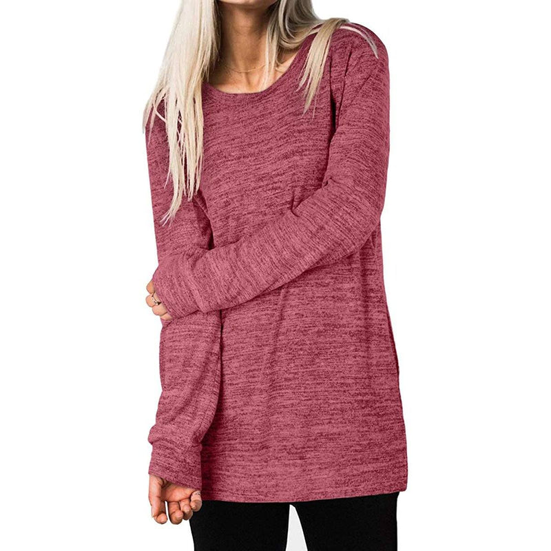 Woman holding one arm with her other hand wearing a Women's Sleeve Oversized Casual Sweatshirts in red