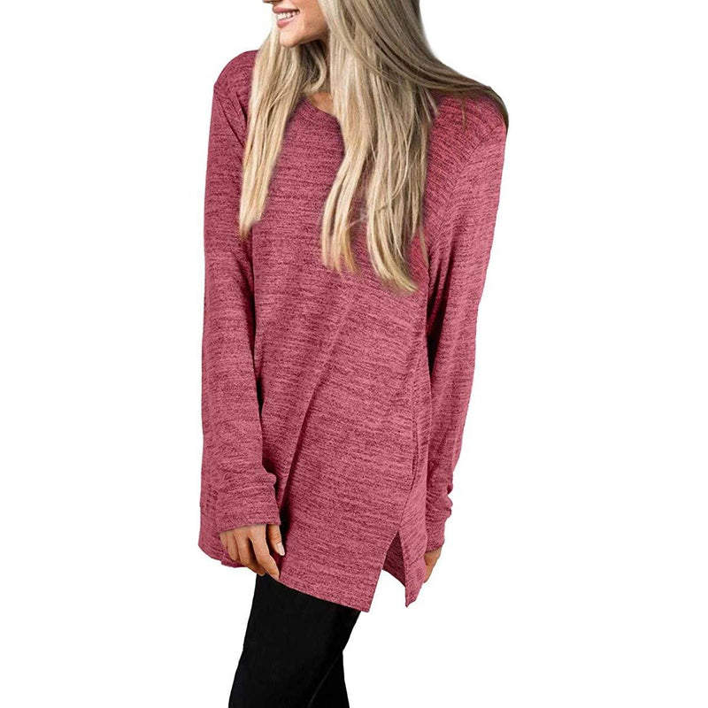 Lateral view of a woman with her hands on her side wearing a Women's Sleeve Oversized Casual Sweatshirts in red