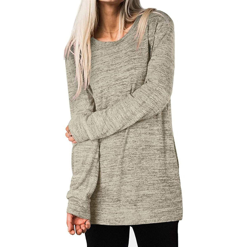 Woman holding one arm with her other hand wearing a Women's Sleeve Oversized Casual Sweatshirts in khaki