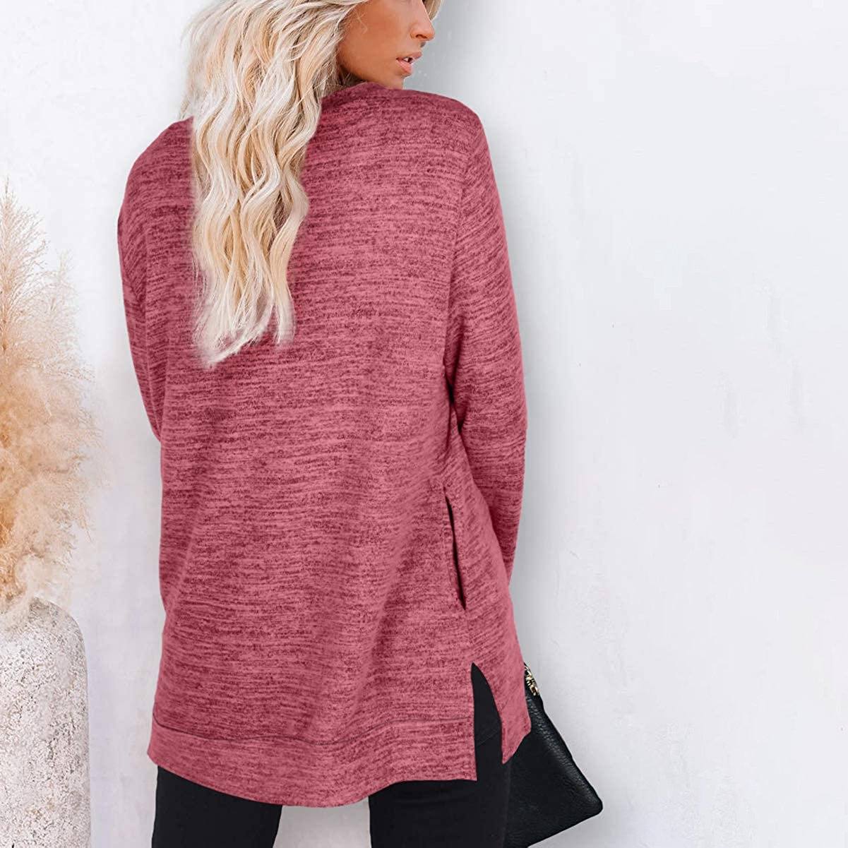 Backside of a woman wearing a Women's Sleeve Oversized Casual Sweatshirts in red