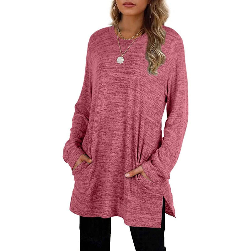 Different woman with both her hands in her pockets wearing a Women's Sleeve Oversized Casual Sweatshirts in red
