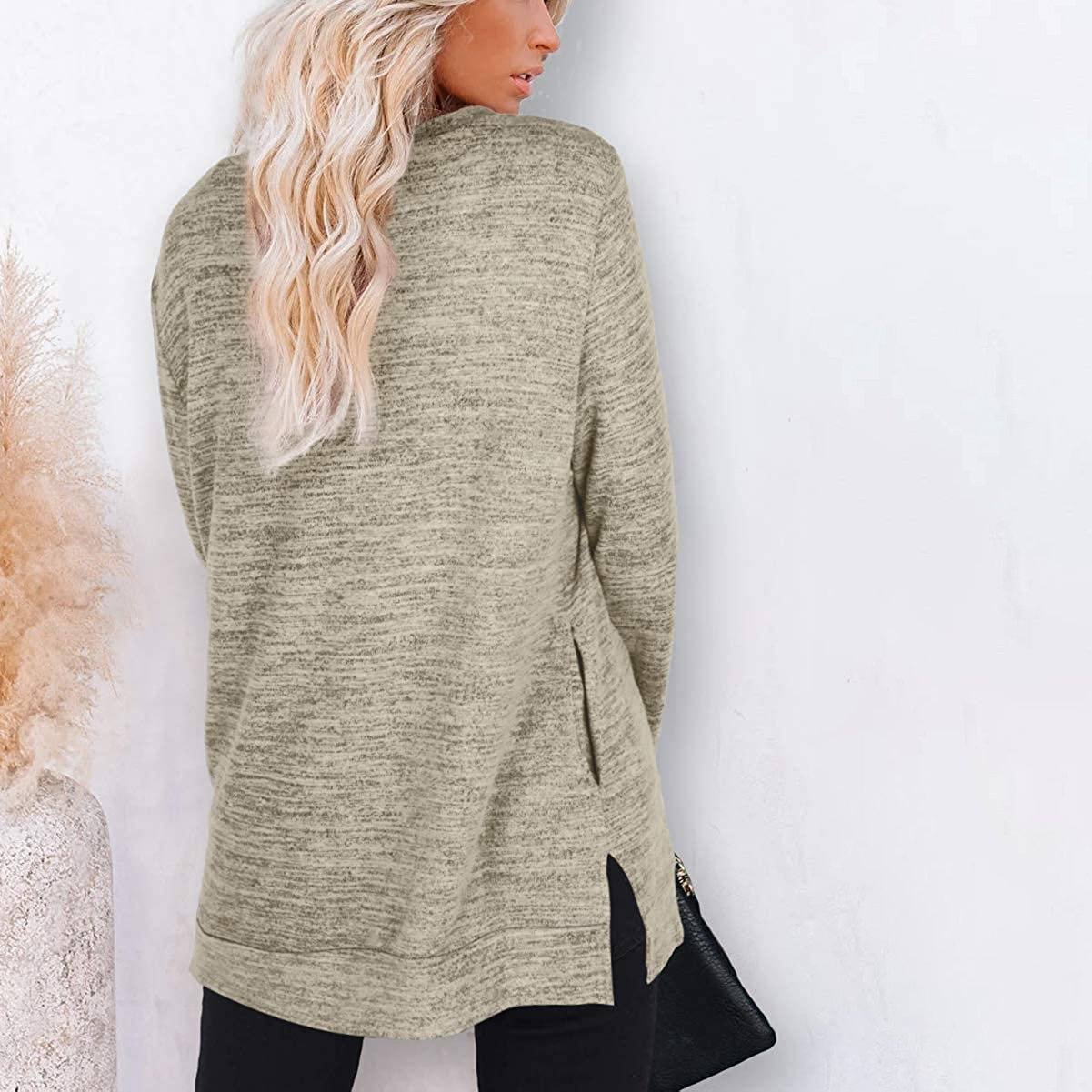 Backside of a woman wearing a Women's Sleeve Oversized Casual Sweatshirts in khaki