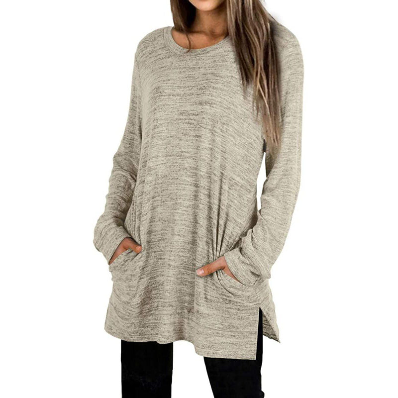 Woman with both her hands in her pockets wearing a Women's Sleeve Oversized Casual Sweatshirts in khaki