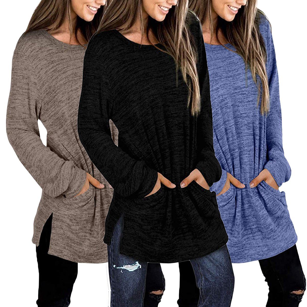 Three women wearing Women's Sleeve Oversized Casual Sweatshirts in blue, gray, and black