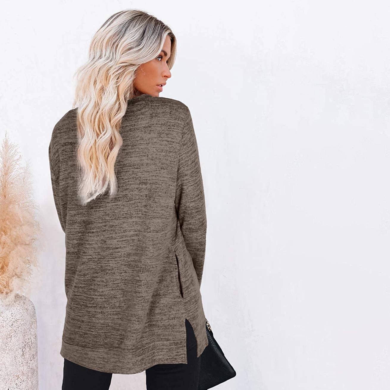 Backside of a woman wearing a Women's Sleeve Oversized Casual Sweatshirts in coffee