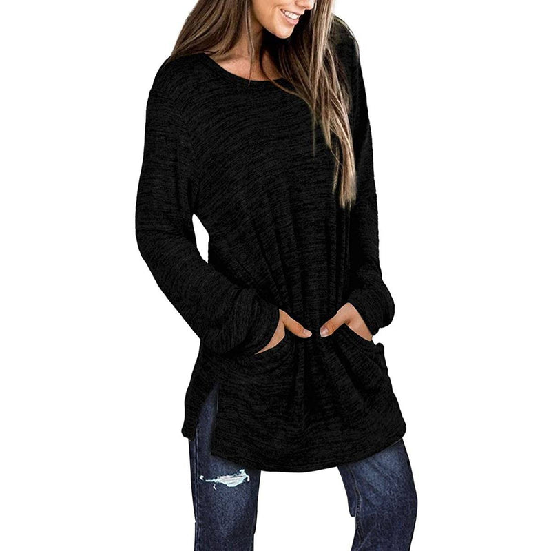 3/4 front view of a smiling woman with her hands in her pockets wearing a Women's Sleeve Oversized Casual Sweatshirts in black