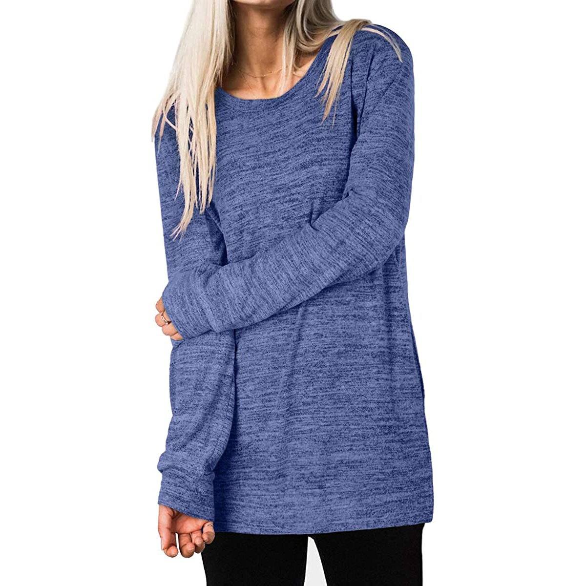 Woman holding one arm with her other hand wearing a Women's Sleeve Oversized Casual Sweatshirts in blue