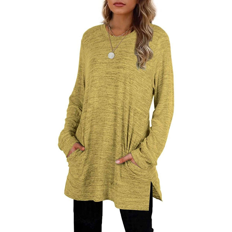 Different woman with both her hands in her pockets wearing a Women's Sleeve Oversized Casual Sweatshirts in yellow