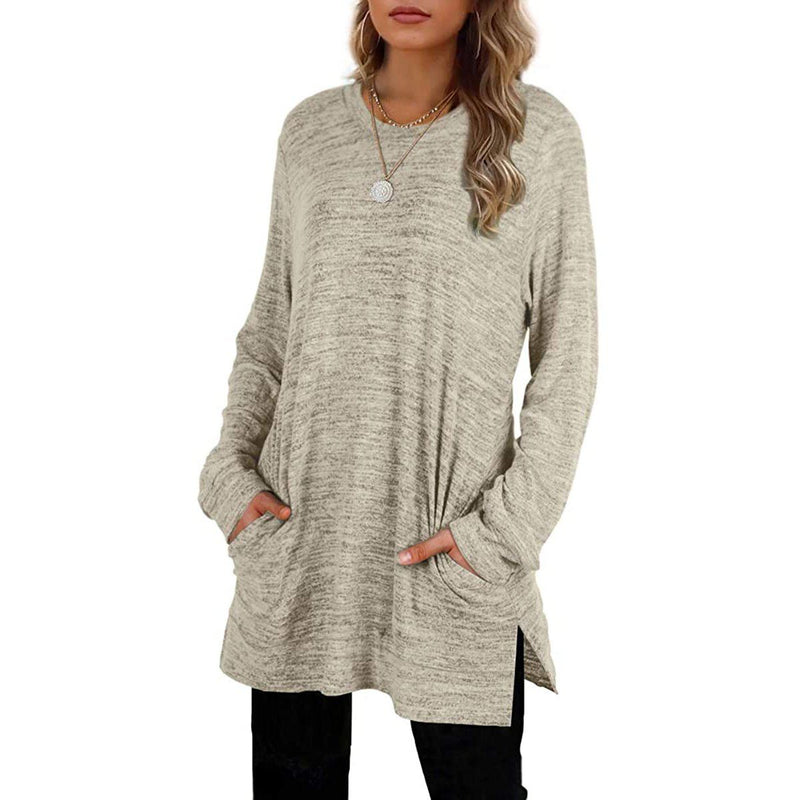 Different woman with both her hands in her pockets wearing a Women's Sleeve Oversized Casual Sweatshirts in khaki
