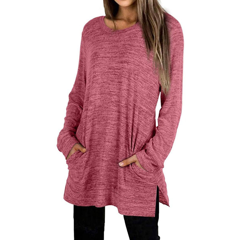 Woman with both her hands in her pockets wearing a Women's Sleeve Oversized Casual Sweatshirts in red
