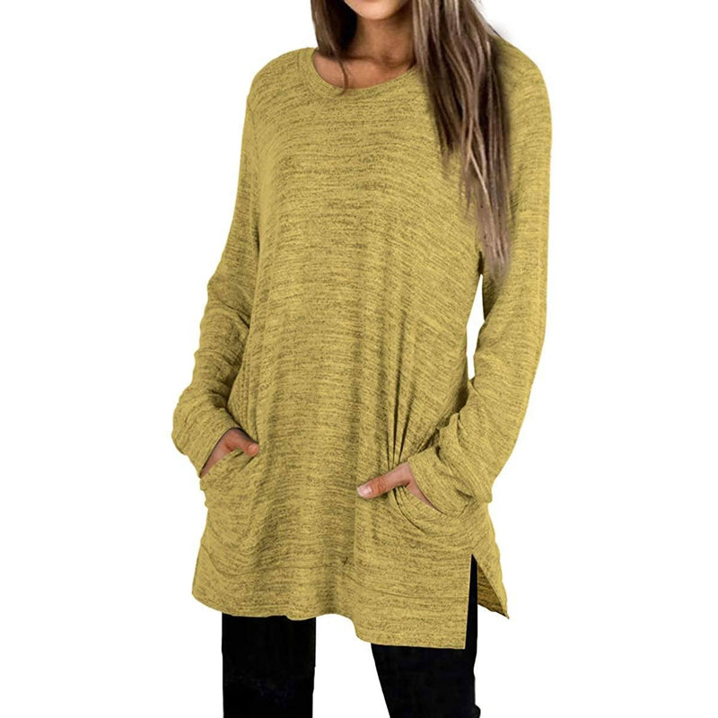 Woman with both her hands in her pockets wearing a Women's Sleeve Oversized Casual Sweatshirts in yellow
