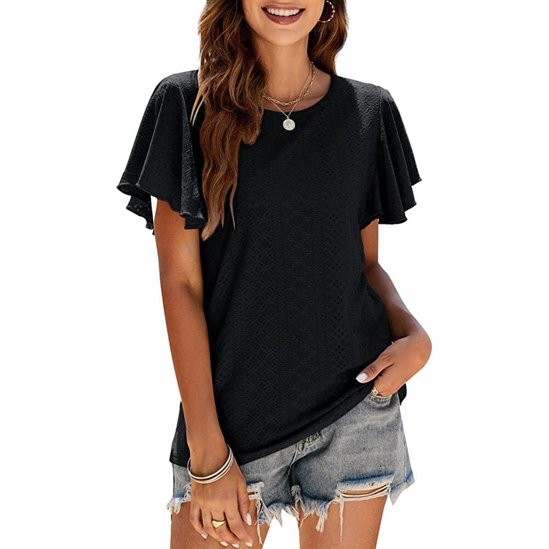 Womens Casual T-Shirts Summer Crew Neck Ruffle Sleeve Tees Tunic Tops Women's Tops Black S - DailySale