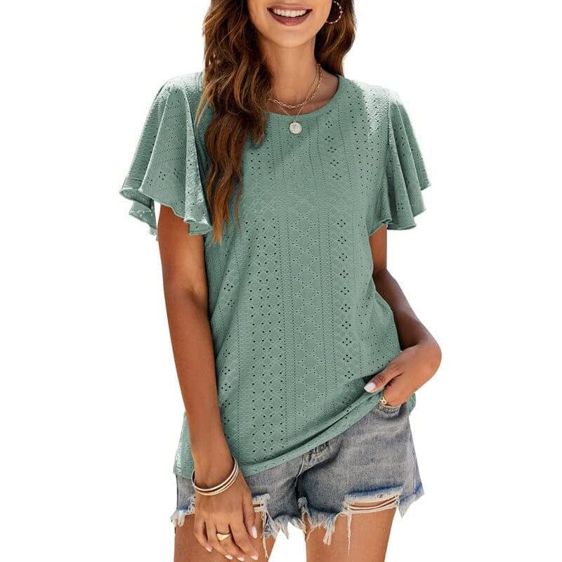 Womens Casual T-Shirts Summer Crew Neck Ruffle Sleeve Tees Tunic Tops Women's Tops Green S - DailySale