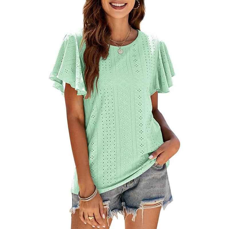 Womens Casual T-Shirts Summer Crew Neck Ruffle Sleeve Tees Tunic Tops Women's Tops Light Green S - DailySale