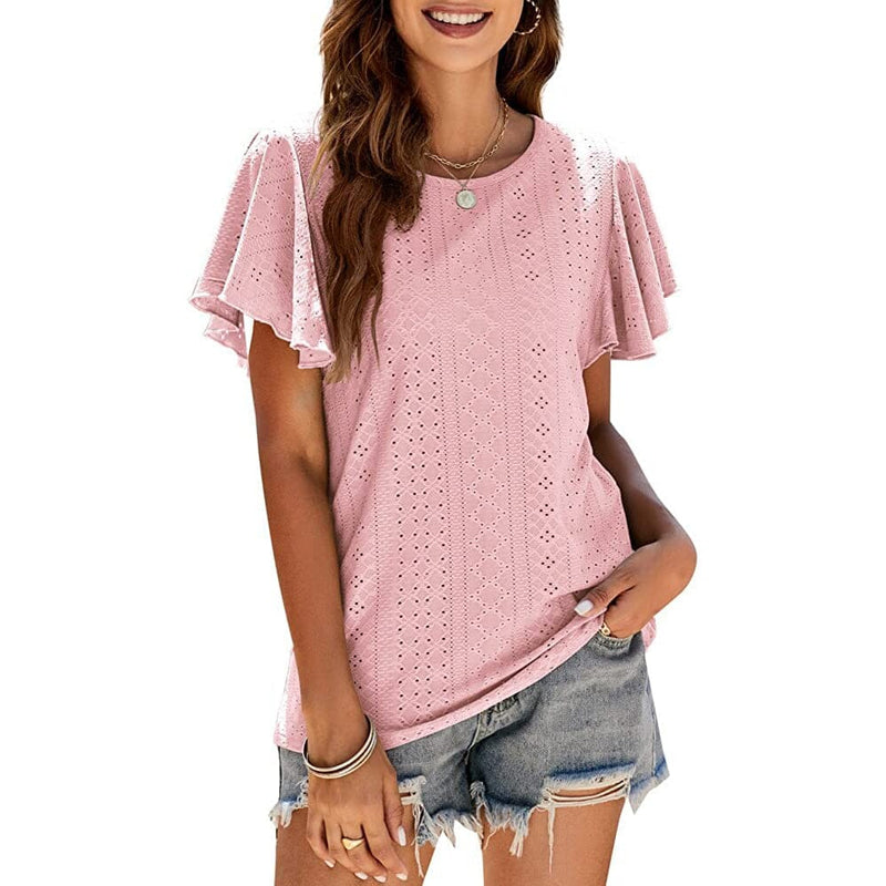Womens Casual T-Shirts Summer Crew Neck Ruffle Sleeve Tees Tunic Tops Women's Tops Pink S - DailySale