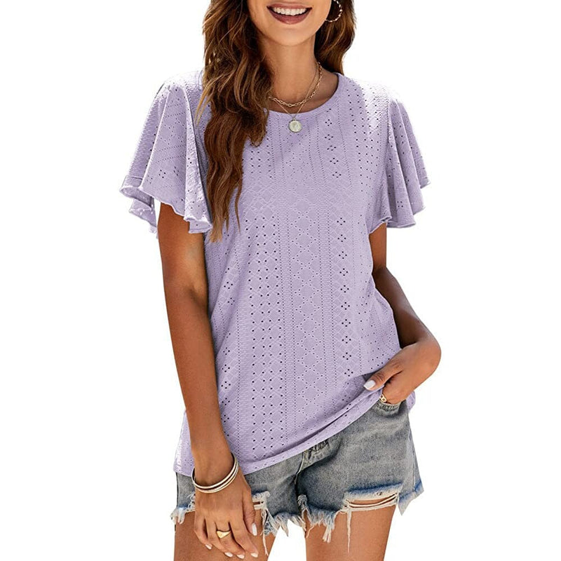 Womens Casual T-Shirts Summer Crew Neck Ruffle Sleeve Tees Tunic Tops Women's Tops Purple S - DailySale