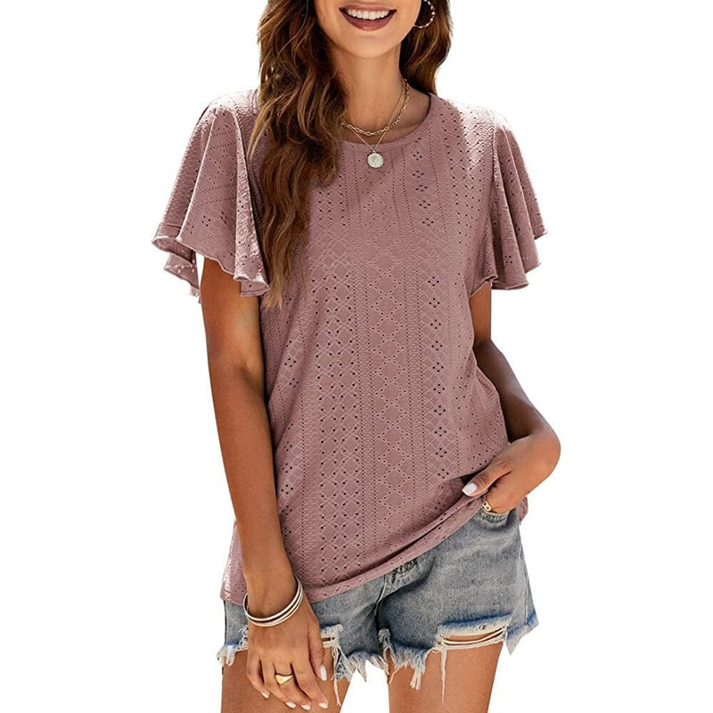 Womens Casual T-Shirts Summer Crew Neck Ruffle Sleeve Tees Tunic Tops Women's Tops Rust Red S - DailySale